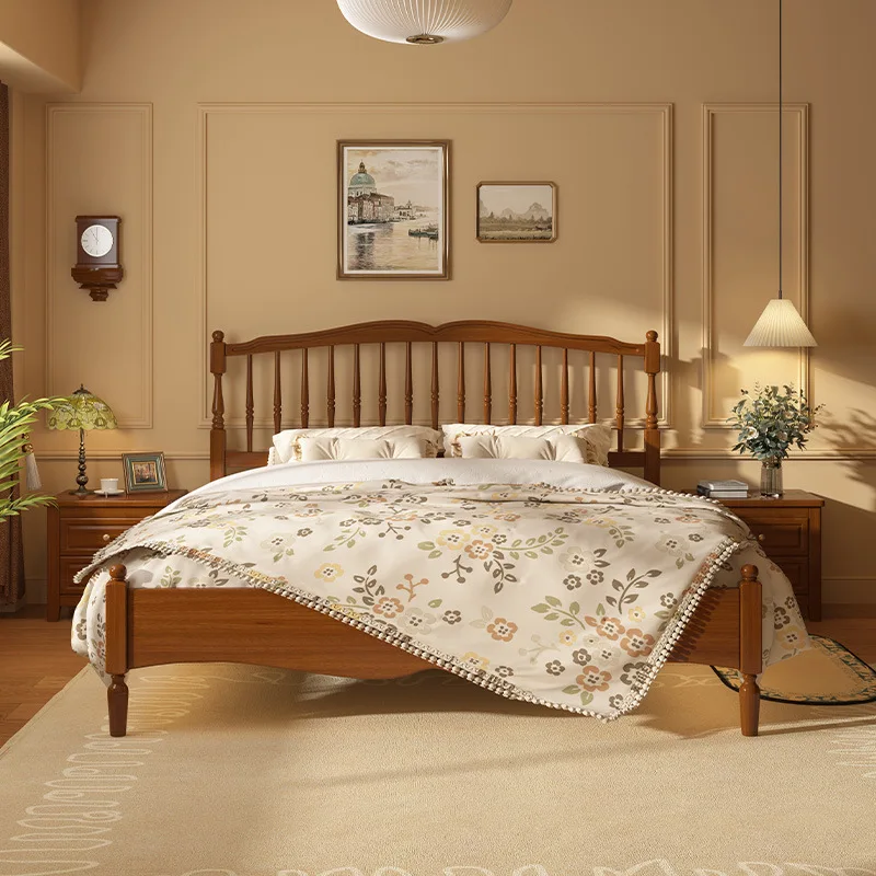 French bed retro bed antique solid wood bed Nordic pure solid wood all solid wood walnut color temperature double 1.8m low box