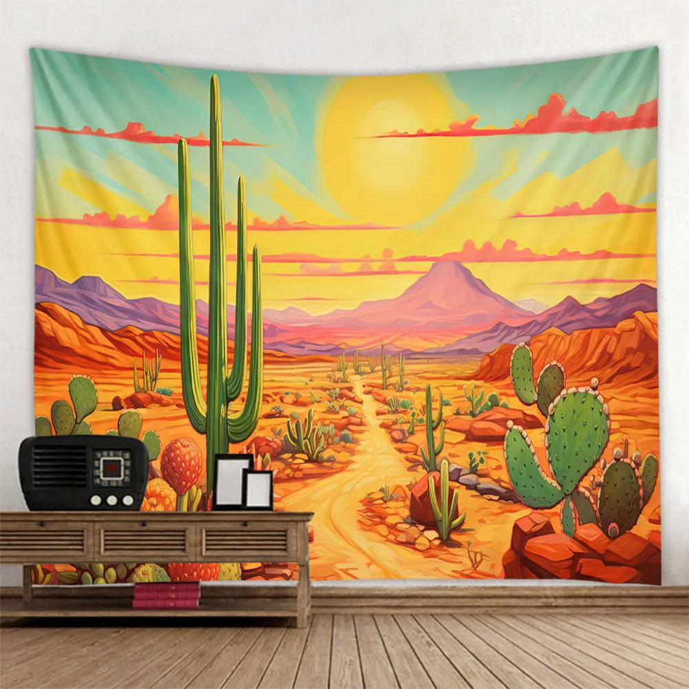 Cartoon cactus tapestry, colorful sunrise scenery wall hanging bedroom and dormitory decoration Kawaii aesthetic wall decoration