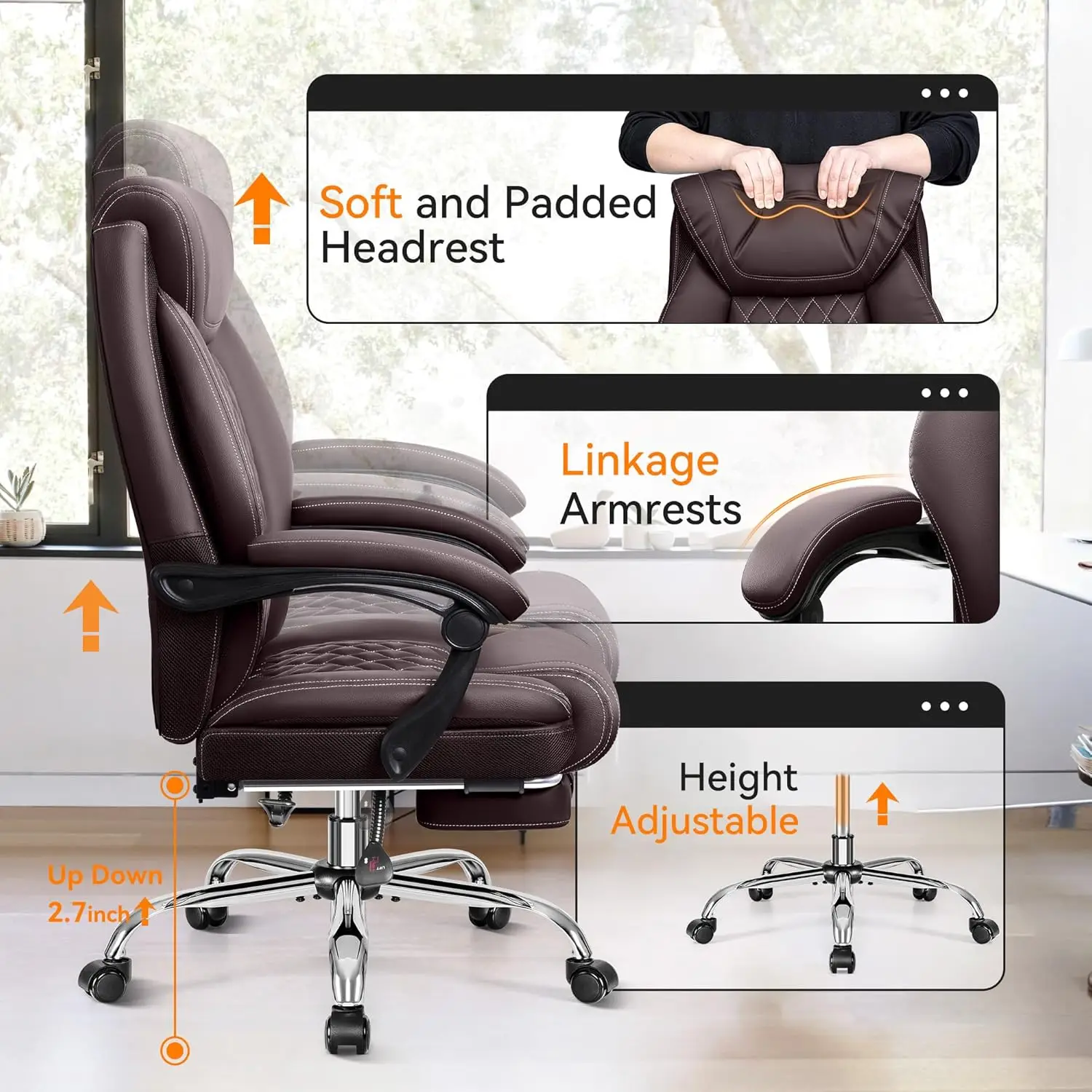 Office Chair, Executive Leather Chair Adjustable High Back, Ergonomic Computer Desk Chair Lumbar Support, Big and Tall Office