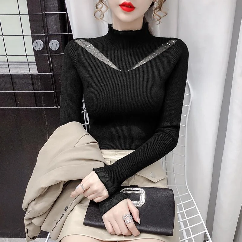 2024 Fashion Turtleneck Pullover V Sweater Women's Long-Sleeved Sweater Women's Fall Winter Inner Wear Top