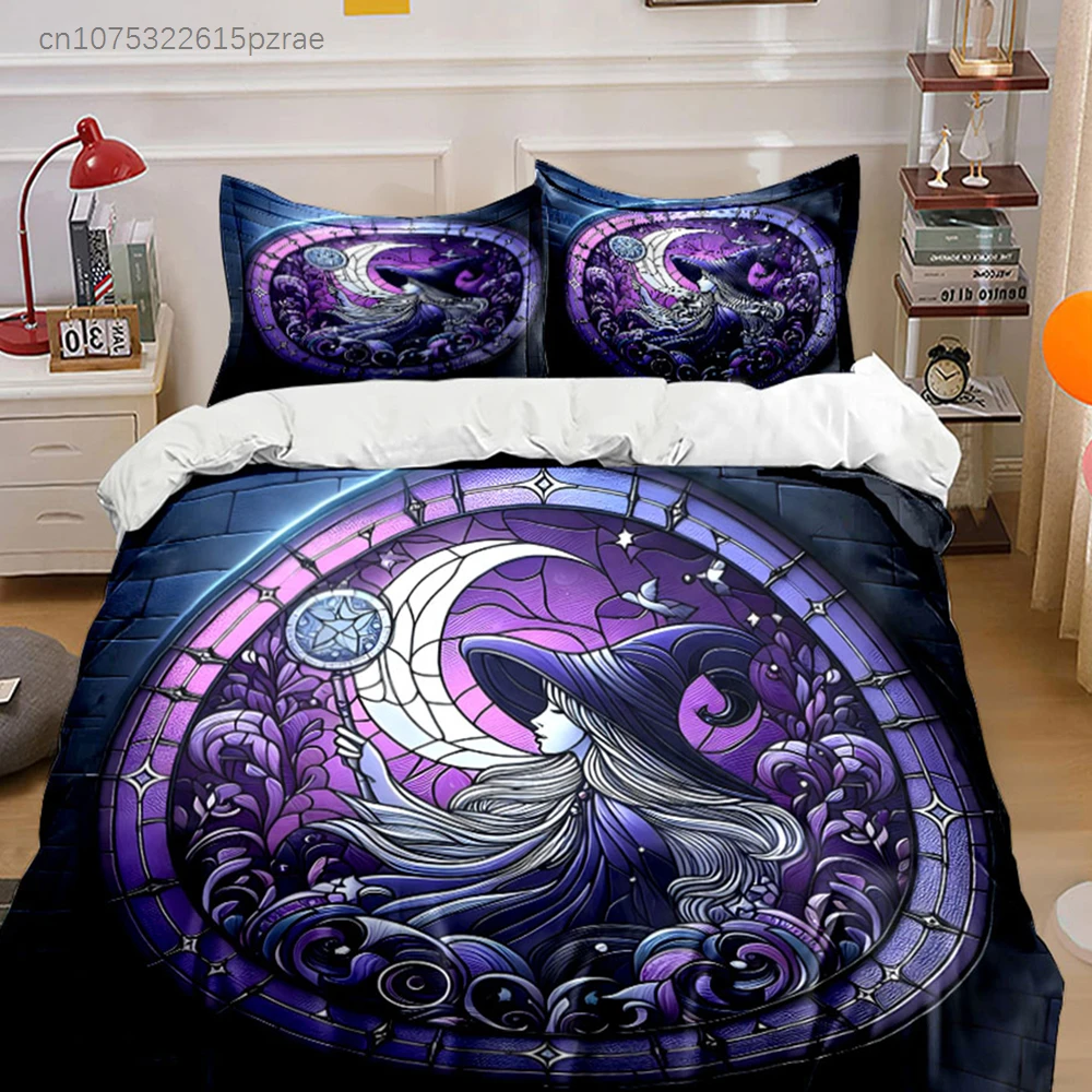 Gothic Purple Moon Witch Stained Glass Print 3PC Bedding Set Soft Microfiber Bedding Set For Dark Aesthetic Witchy Room Decor