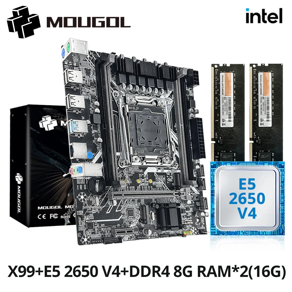 MOUGOL X99 Motherboard Set with Intel Xeon E5 2650 V4 CPU Dual-channel DDR4 8Gx2 2133MHz RAM for Gaming Computer Components