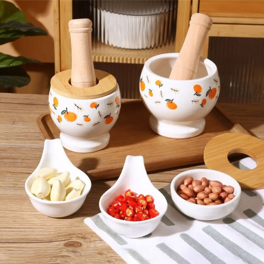 

Garlic Pounder Ceramic Ceramic Mortar Internal Thread Flower Pattern Manual Mortar Labor Saving with Lid Garlic Mortar Household