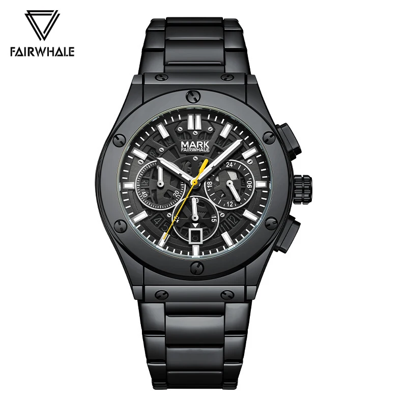 

Mark Fairwhale крутые черные часы для мужчин, роскошные стальные многофункциональные часы, модные водонепроницаемые кварцевые наручные часы для мужчин, новинка 2023 года