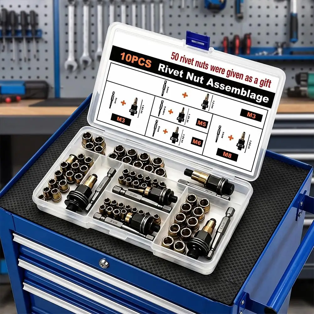 Rivet Nut Tool Kit M3 M4 M5 M6 M8 Carbon Steel Threaded Rivnut Insert Set Hardened Mandrel Manual & Electric Drill Use With Box
