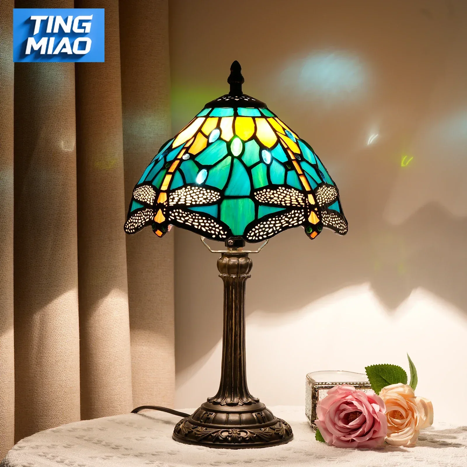 

French Table Lamp 8 Inches Stained Glass Bedside Lamp Red Rose Desk Reading Light Bedroom Living Room Home Office