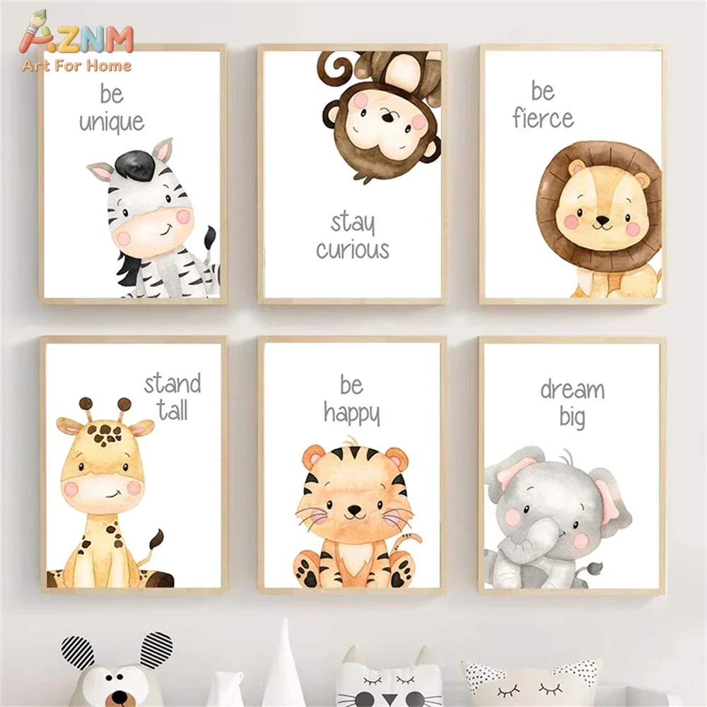 AZNM Watercolor Safari Animal Canvas Poster Lion Tiger Giraffe Elephant Zebra Monkey Positive Quote Nursery Wall Decor, Unframed