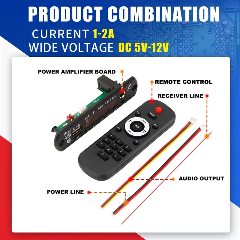 

FORW-Wireless Car Audio 12V MP3 Decoder Board Bluetooth 5.0 USB TF Radio Microphone MP3 Music Player DIY With Remote