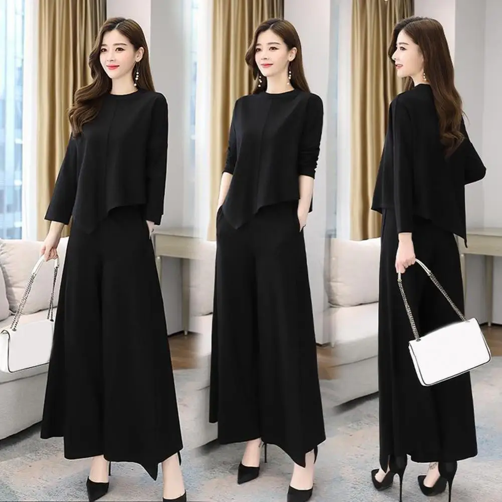 2 Pcs/Set Culottes Top Suit Long Sleeve Blouse High Waist Wide Leg Deep Crotch Loose Trousers Commute Top Trousers Set