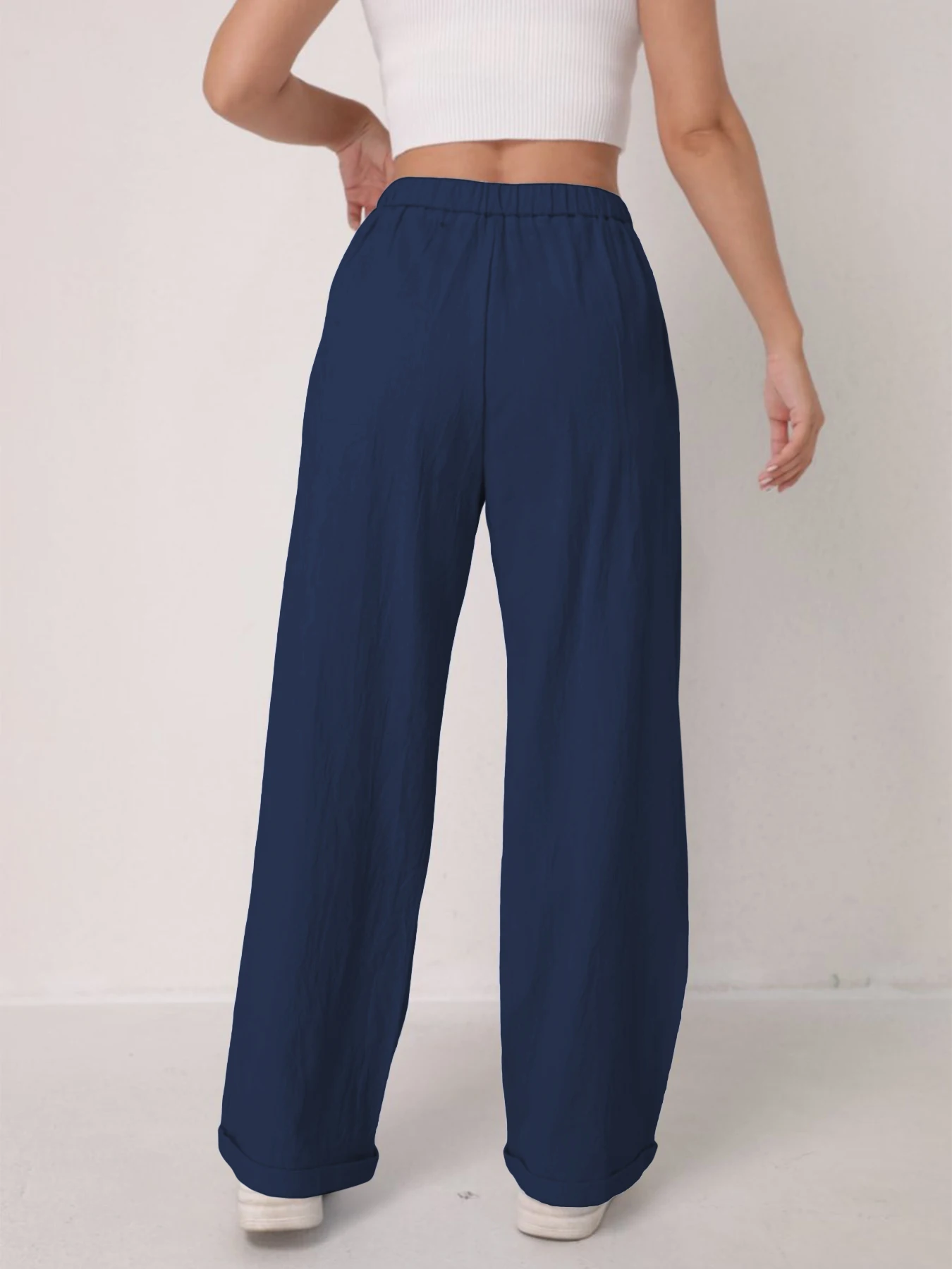 Women's solid color trousers, spring and summer high-waisted casual pants for commuting to work, simple loose nine-point pants