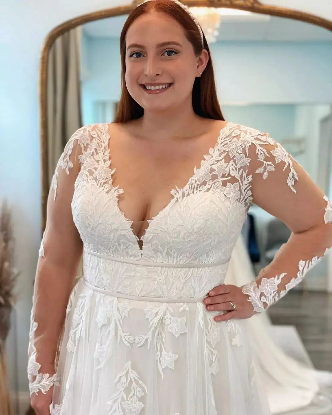 Plus size vestido de casamento apliques de renda com decote em v completo tule manga vestido de noiva sem costas com zíper vestidos de noiva robe de mariee