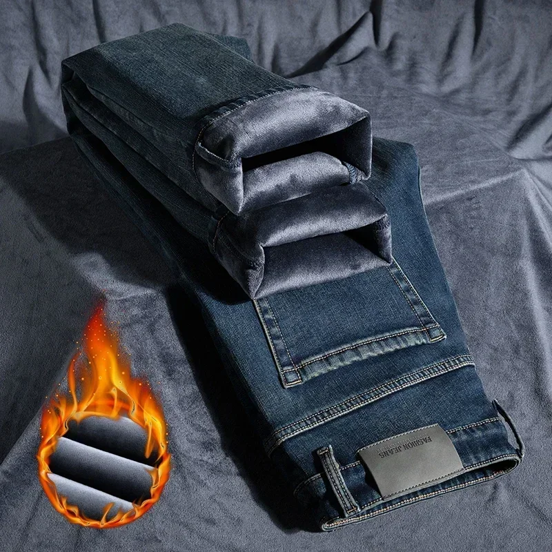 2026 New Classic Loose Thickened Velvet Brand Trousers Winter Jeans Men's Velvet Warm Stretch Straight Denim Pants