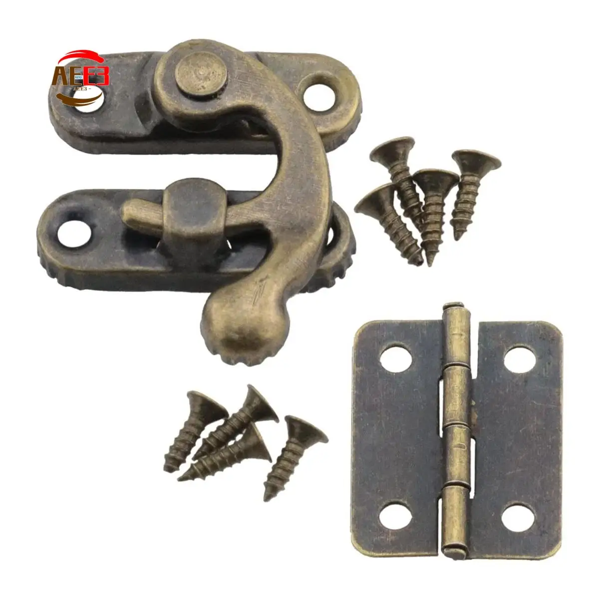 

AEE3-Small Box Hinges Bronze Antique Right Latch Hook Hasp With Hinges And Screws For Wood Jewelry Box Gift Catch Lock Hook