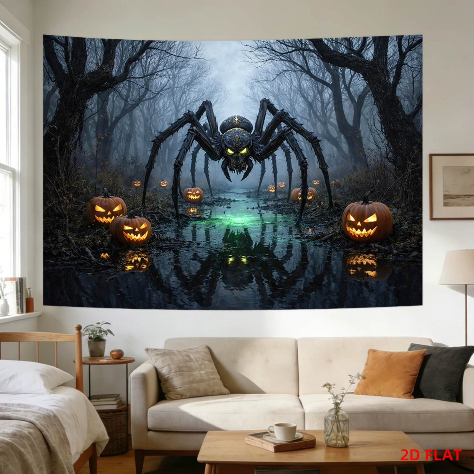 VIKAMA Halloween Gothic Wall Tapestry Green Eyes Giant Black Spider Mist Dry Forest Swamp Water Reflection Pumpkin Wallpaper Par
