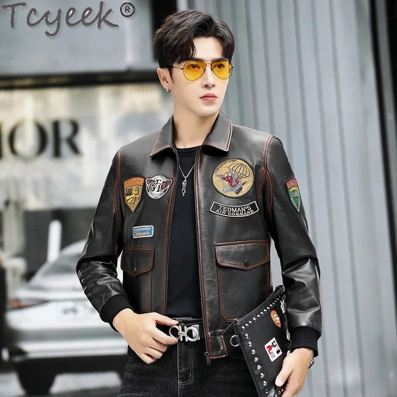 Tcyeek Real Leather Jacket Men Top Layer Cowhide Coat for Man Clothing Moto&biker Jackets Embroidery Spring Autumn Coats 2025