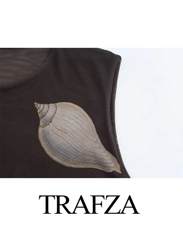 TRAFZA 여성용 우아한 쉘 프린트 장식 라운드넥 점프수트, 단추 민소매 캐주얼 얇은 명주 그물 점프수트, 여름