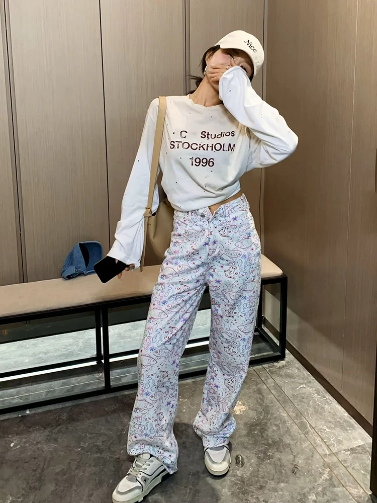 

Женские джинсы в американском стиле с высокой талией, прямые, широкие, длинные брюки, новинка 2025 года, с граффити и принтом рыб