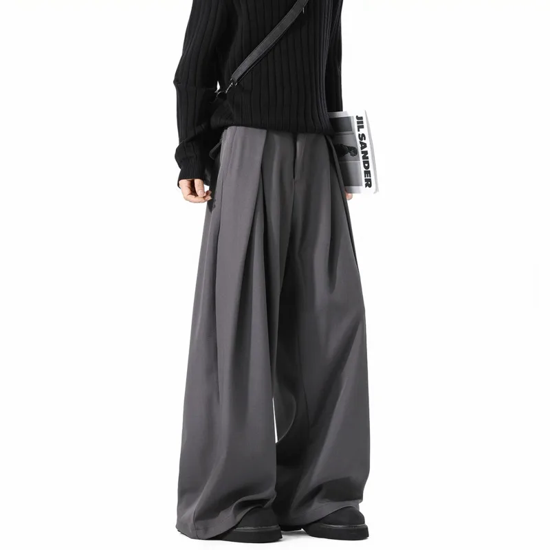 오버사이즈 정장 바지 남성 패션 사회 남성용 블랙 드레스 팬츠 한국식 루즈 와이드 레그 팬츠 남성용 오피스 정장 바지 S-3XL