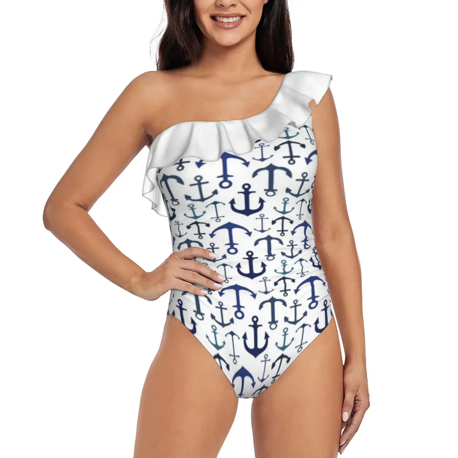 

Blue Anchors One-Piece Swimsuit One Shoulder Ruffle Swimsuit Sexy Monokini New Girl Beach Swimwear Anchor Anchors Anchor Design