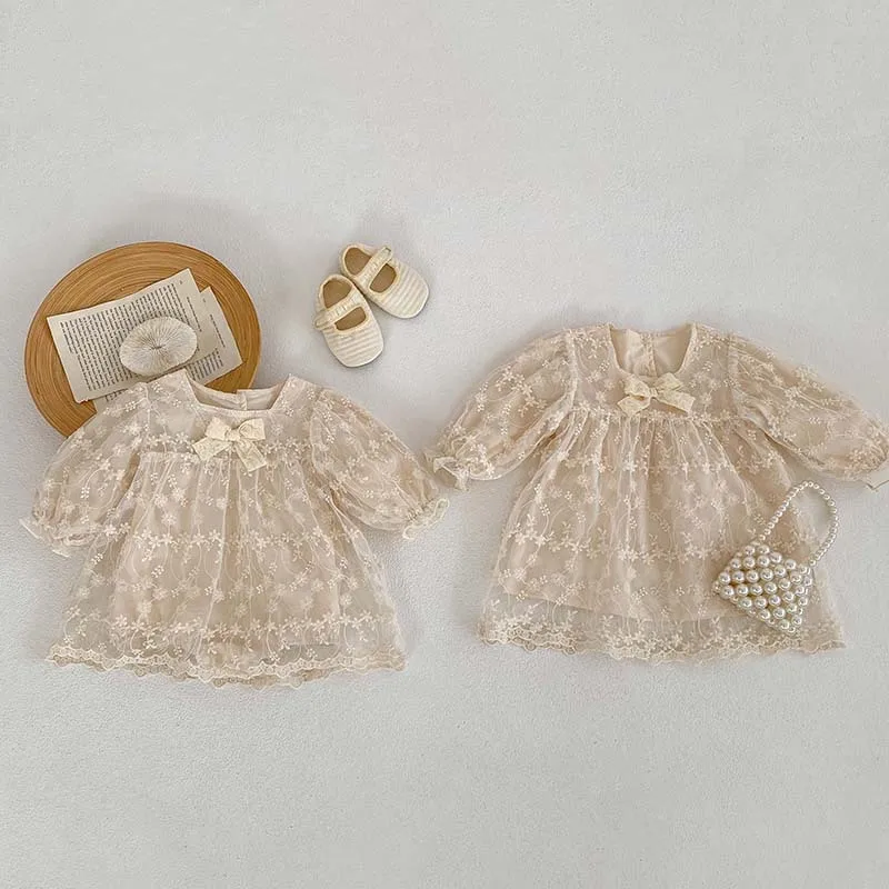 Autumn Newborn Infant Lace Mesh Bow Long Sleeve Princess Bodysuit Dress Girl Baby Sweet Cotton Embroidery Flower Fashion Dresses