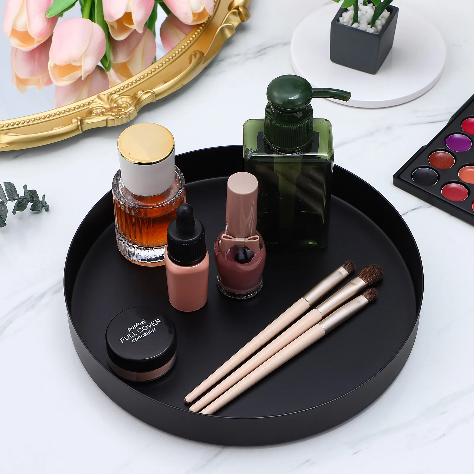 

1pcs Metal Round Stainless Steel Black Round Tray Serving Tray For Coffee Table Decor Storage Organizer Home Use