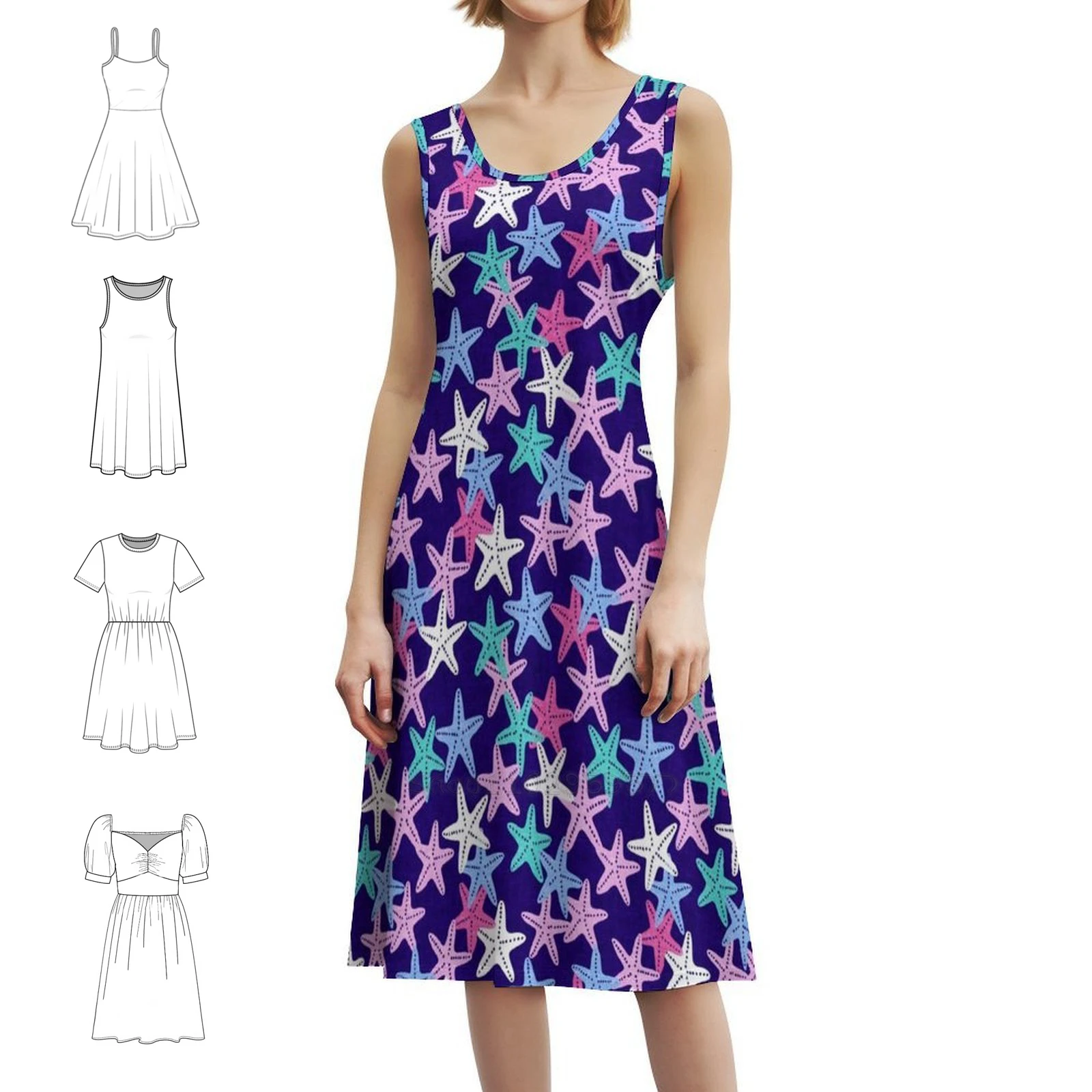 فستان على الطراز الكوري على شكل نجم البحر للنساء فستان كاجوال أنيق للحفلات أو الارتداء اليومي على شاطئ نجم البحر بيت الشاطئ الصيفي باللون الأزرق المخضر #1