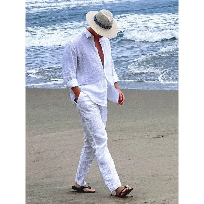 

Lightweight Breathable Sun Protection Long Sleeve White Cotton Linen Men's Shirt Casual Leisure Workwear Shirt Tagkita Brand