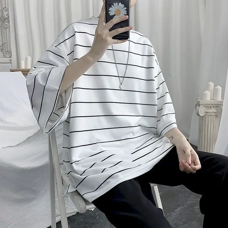 2024 Summer New Men's Striped Short Sleeve Oversized T Shirt Five-point Sleeve T-shirt Boys Bat Shirt Loose Cec Harajuku Shirts