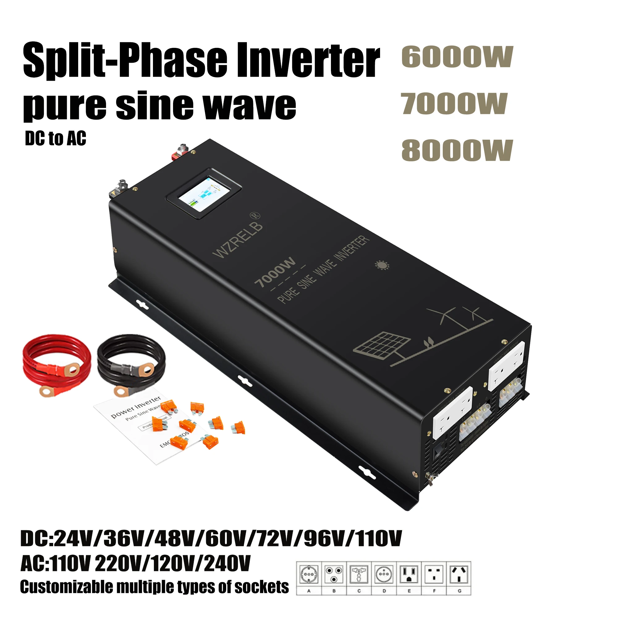 

WZRLB Split-Phase Solar Inverter 6000w 7000w 8000w Pure Sine Wave Off Grid 24V 36V 48V 72V 96V 110V DC to 110V 120V/120V 240V AC