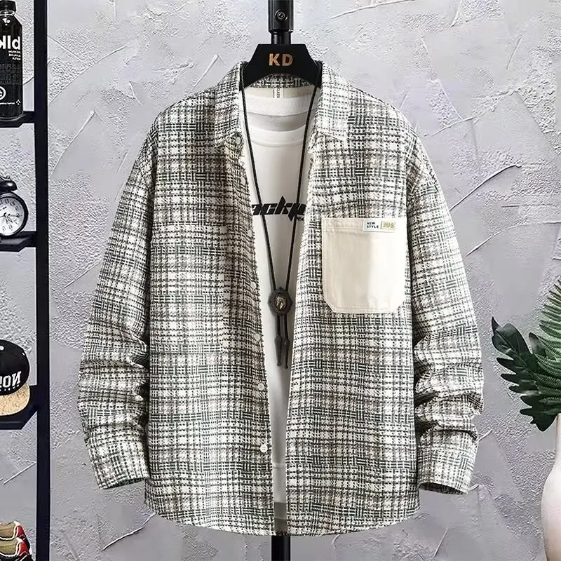 American Retro Design Prince of Wales Check Casual Shirt Men's Autumn Loose Fit Heavyweight Leisure Jacket Coat