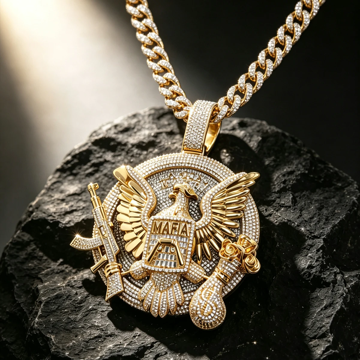 18K Gold Plated Hip Hop Necklace Charm Unique 3D Design With Eagle Gun Rose And Money Bag Symbol Statement Fully Micro Paved Shiny CZ Bling Fine Jewelry Gift For Rapper Street Style Party Daily Performance Club Wear Iced Out Mafia Eagle Pendant