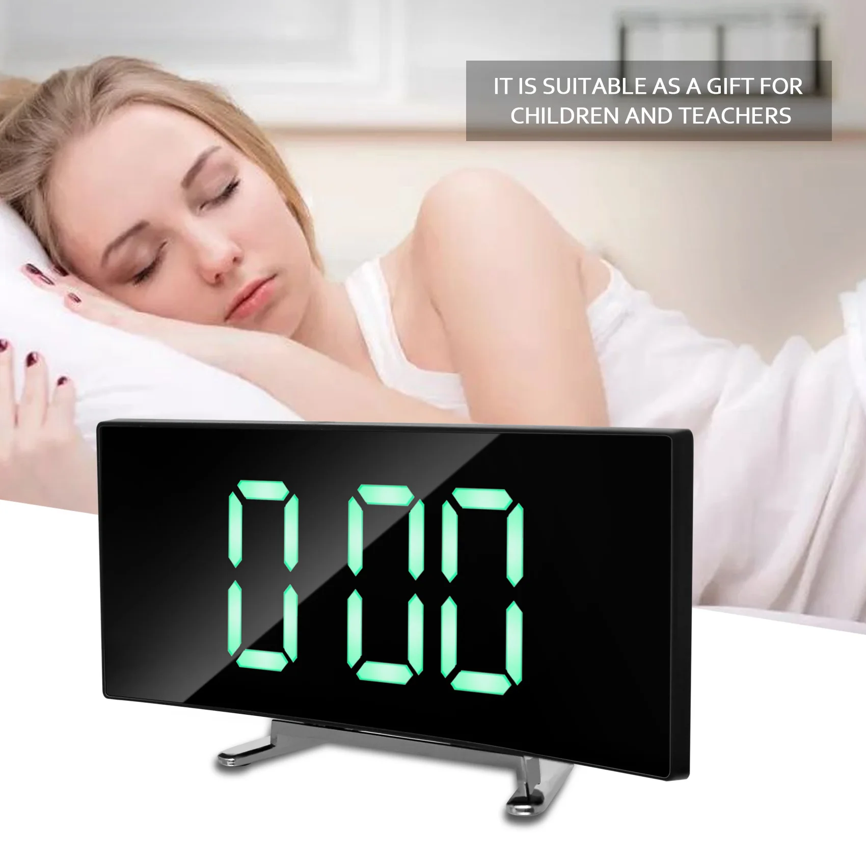 ABVA- Despertador Digital, Relógio Digital Curvo com Tela LED Regulável de 7 Polegadas para Quarto de Crianças, Relógio Verde com Número Grande,