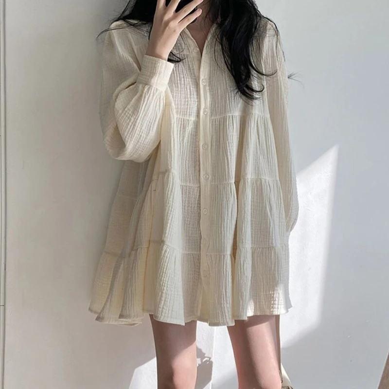 Women Puff Long Sleeve Ruched Textured Swing Babydoll Shirt Dress Lapel Collar Button Up Tiered Ruffle A Line Mini Dress