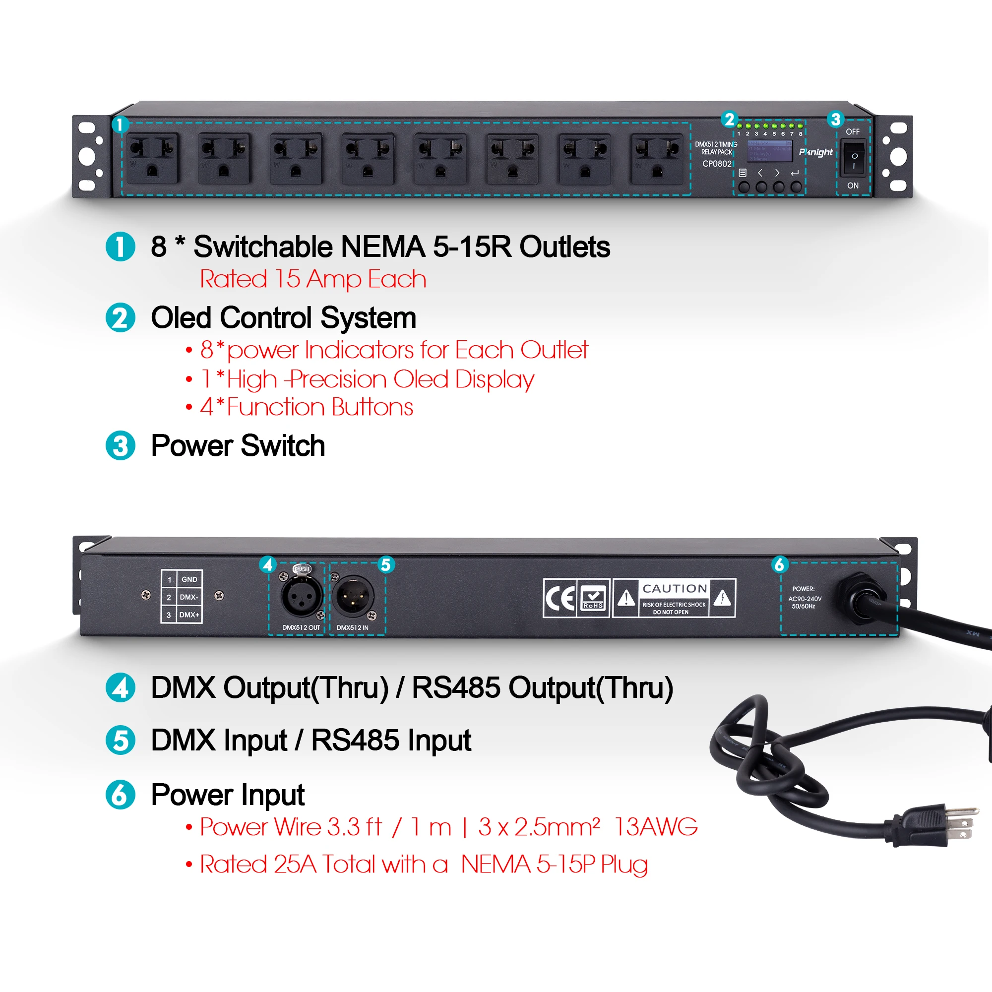 Pknight 8-Outlets Timing Delay Power Distribution Unit , Programmable Power Sequencer, DMX Relay Pack,RS485 Remote Smart Switch