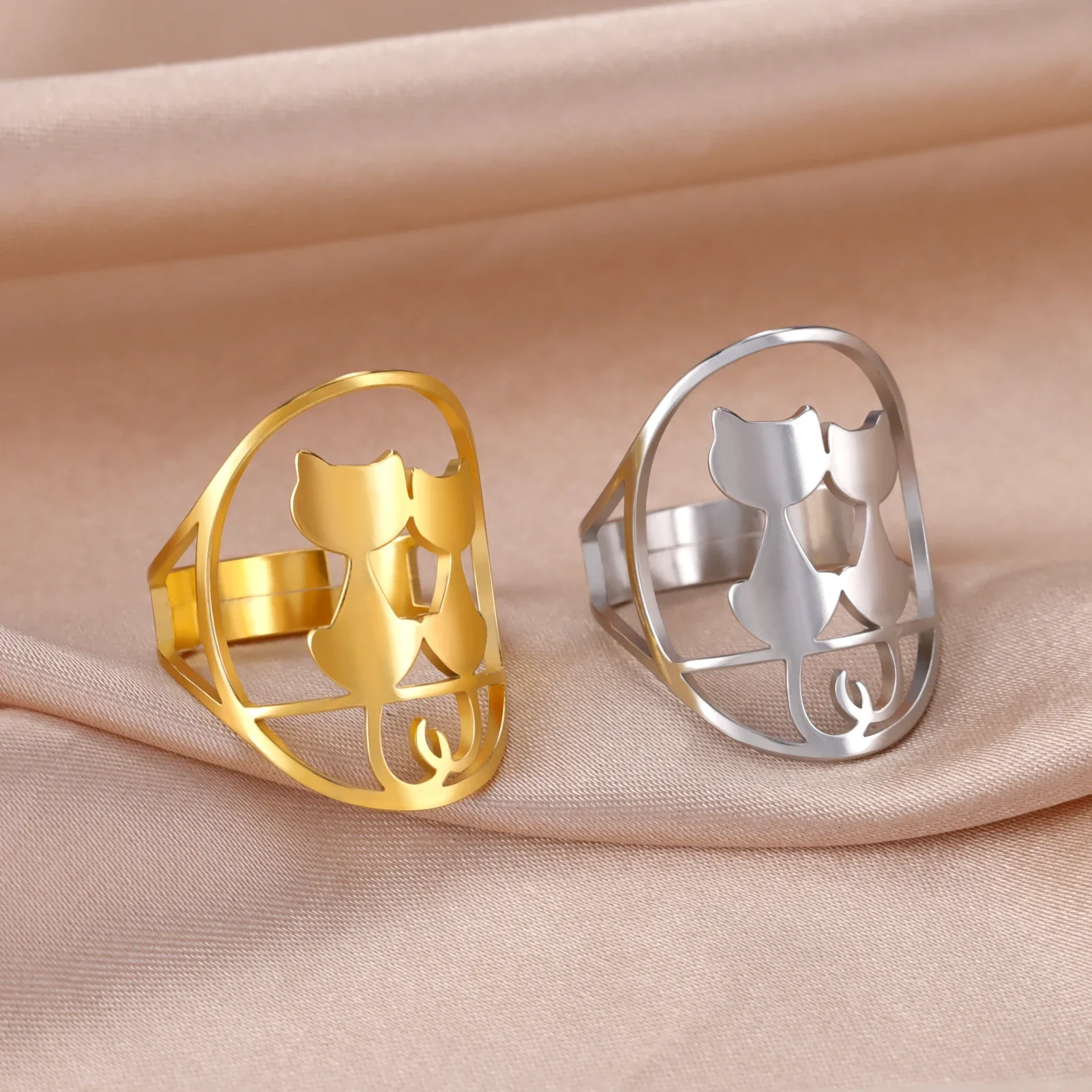 Skyrim Three Sitting Cats Full Moon Rings for Women Stainless Steel Adjustable Animal Ring Jewelry Birthday Gift New In