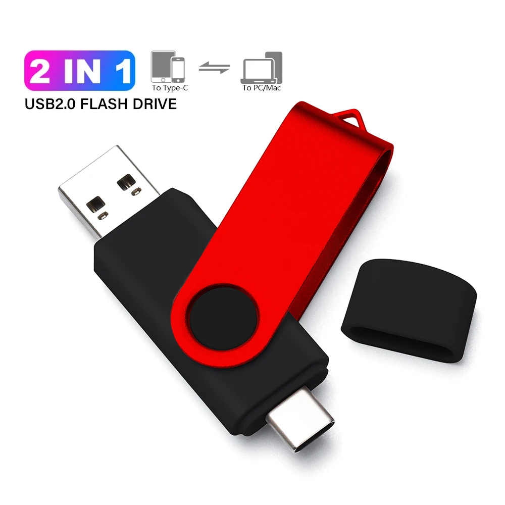 50 buah Flash Drive USB 2.0 Tipe C USB 2.0 baru OTG 360 ° RotablePen Drive 128GB 64GB 32GB 16GB 8GB USB Stick 2 in 1 Flashdisk Kecepatan Tinggi