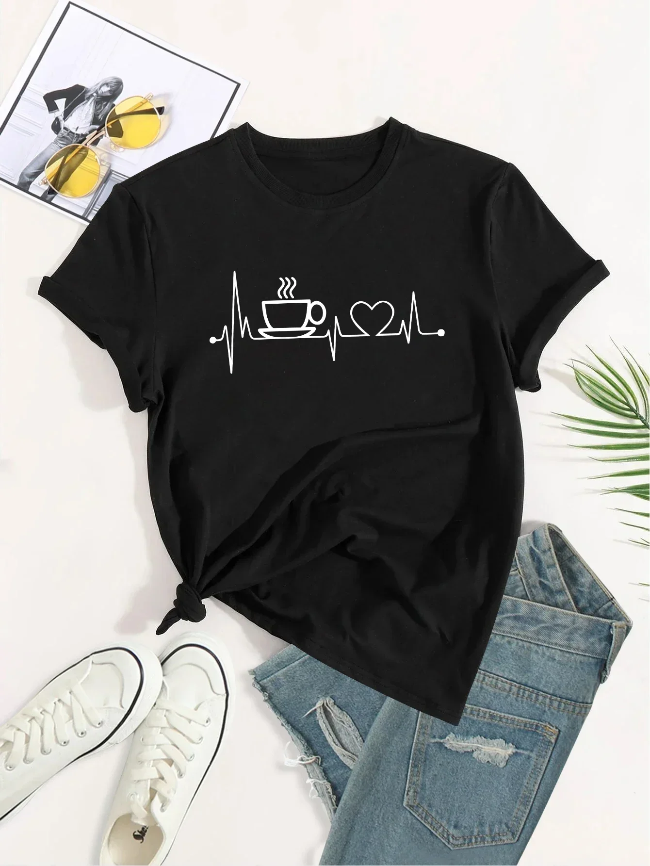 coffee Print Crew Neck T-shirt, Casual Loose Short Sleeve Fashion Summer T-Shirts Tops, Women\'s Clothing