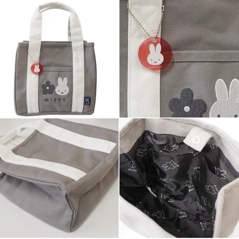 2025 New Japanese Miffy Rabbit Embroidery Series Canvas Bag Kawaii Large Capacity Handbag Student Office Bento Storage Bag