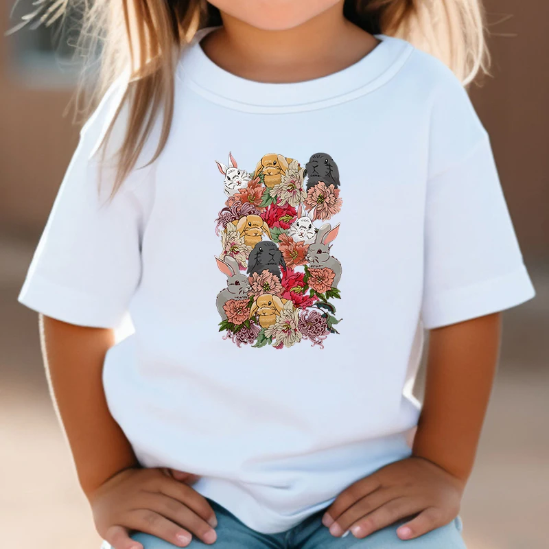 

Flower Rabbit T Shirt Kids Watercolor Bunny Top Aesthetics Cartoon Animal Summer Short Sleeve Shirt Boy Girl Cute Rabbit Tshirt