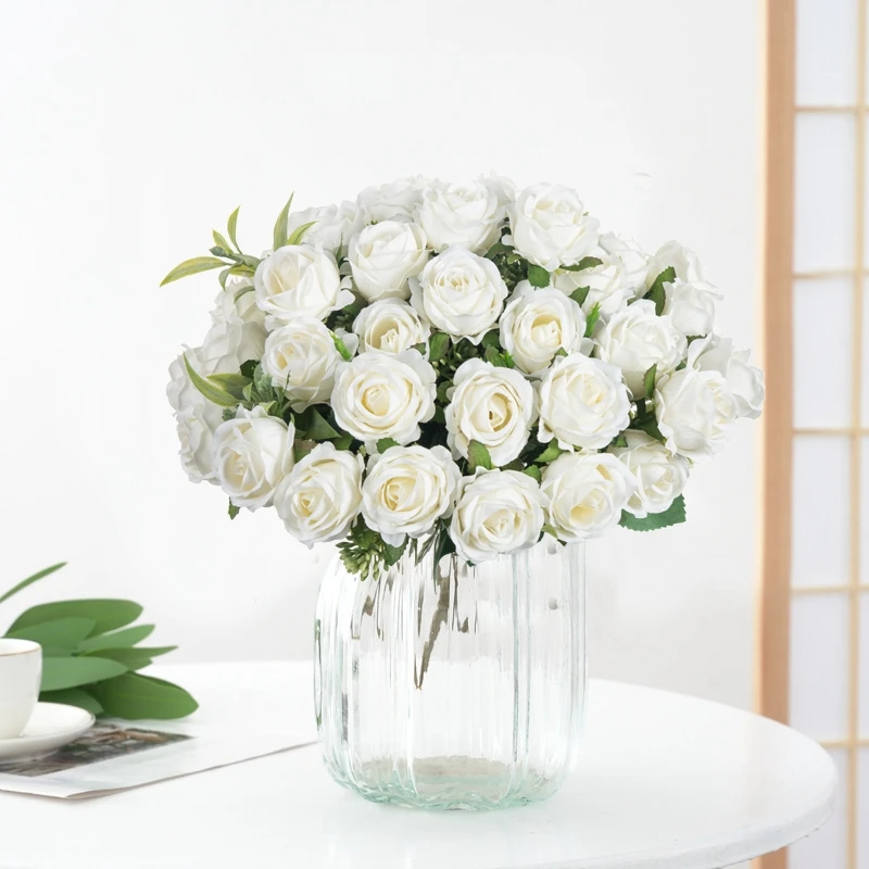 Künstliche Blumen, Zehnblütige Weiße Seidenrosen-Bündel, Scrapbook, Großhandel, Hochzeit, Outdoor-Gartenparty, Familienzimmer, Vasendekoration – Detail 1