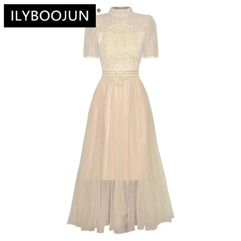 

ILYBOOJUN Fashion Summer Dress Women's Stand Collar Short Sleeves Embroidery Lace-UP Mesh Patchwork Vintage Party Dresses