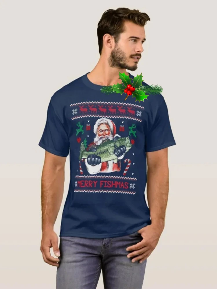 Merry Fishmas Santa Fishing Ugly Christmas Sweater T-Shirt 100% Cotton O-Neck Summer Short Sleeve Casual Mens T-shirt Size S-3XL
