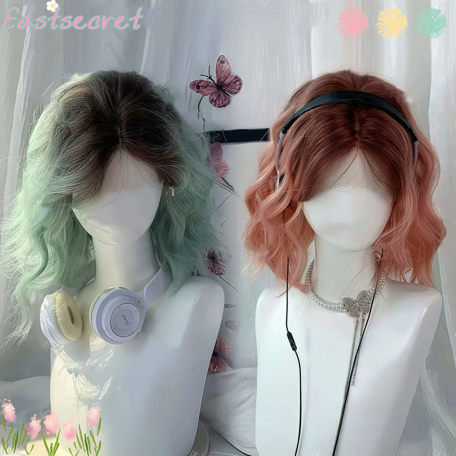 EAST Gradient mint green BOBO Synthetic Wigs Short Natural Wave Hair Wig For Women Party Daily High Density Heat Resistant