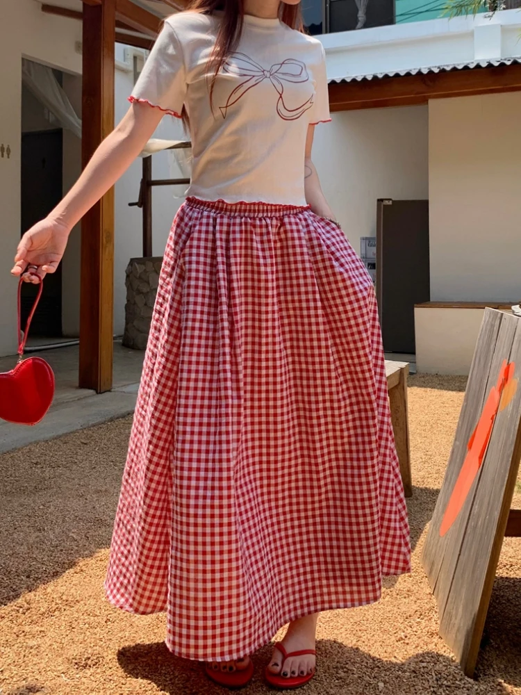 

Qiukichonson Red Plaid Midi Long Skirt Womens Maxi Skirt Summer 2024 Mori Girl Style Pockets Deisgn High Waisted A-Line Skirts