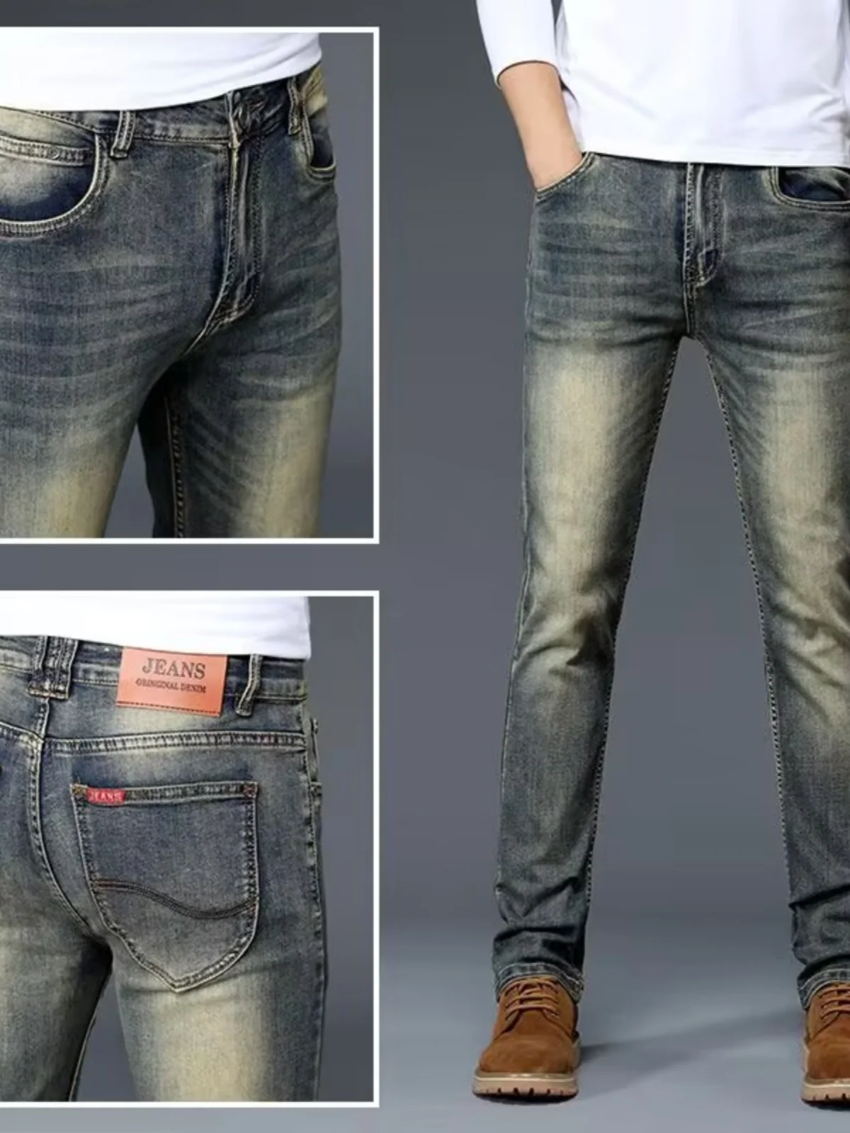 High-End Retro Men's Jeans Elastic Slim Straight Leg Cotton Stretch Denim mid Waist Zipper Closure Casual Long Pants