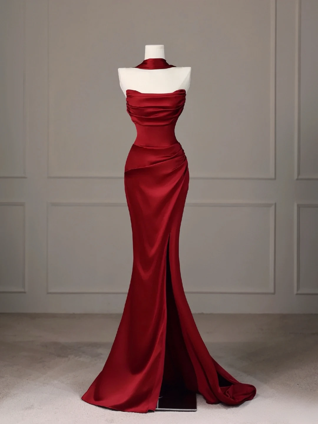 Robe de Soirée en Satin Rouge pour Femme, Fente Latérale, Sans Bretelles, Dos aux, Sirène, Ruban Plissé, Perlé, ixde Mariage, 2024