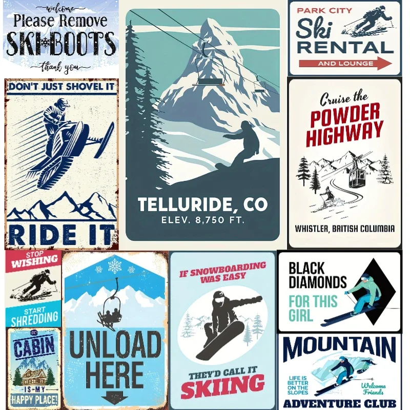 1pc Skiing Metal Signs Outdoor Sports Iron Painting Sign for Home Bar Wall Decoration 8x12 Inch