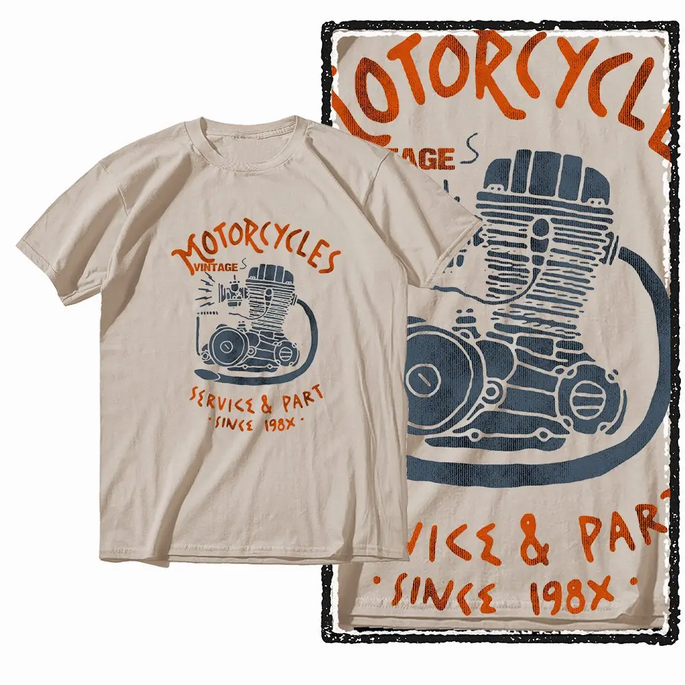 G72 Beżowa bawełniana męska koszulka motocyklowa z grafiką o-neck |    Koszulka męska w dużych rozmiarach w stylu streetwear