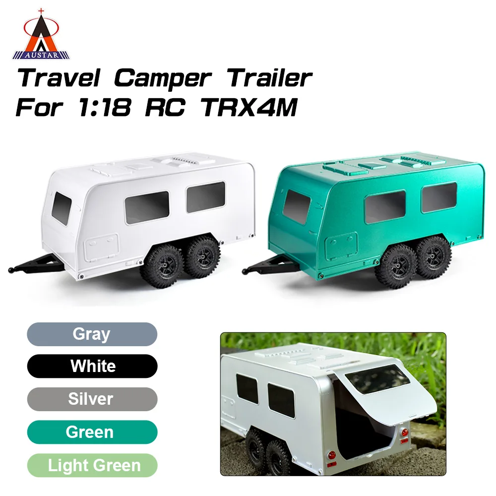 AUSTAR Travel Camper Trailer Simulation RV Vehicle Rear Open Door Dual-axle RV Car with Hitch for 1/18 RC Crawler TRX4M Upgrade