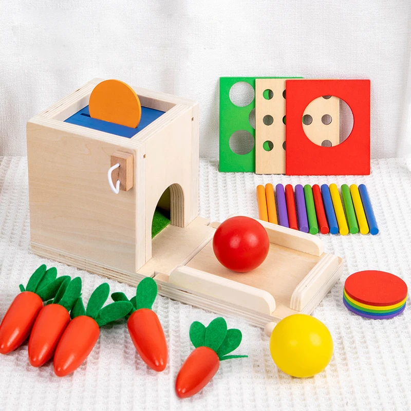 Baby Wooden Montessori Toys Toddlers Play Kit 4 in 1 Object Permanence Box Coin Box Carrot Harvest Color Match Sticks Drop Game